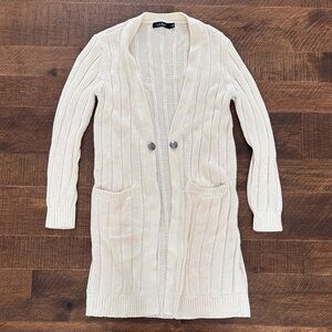 Lauren Ralph Lauren Linen Long Open Cardigan Sweater Ivory Cream Cable Knit